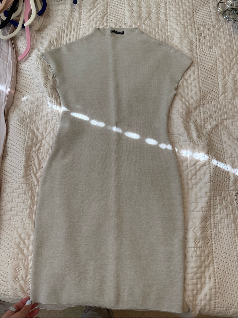Zara Cream Midi Knit Sheath Dress with Cap Sleeves